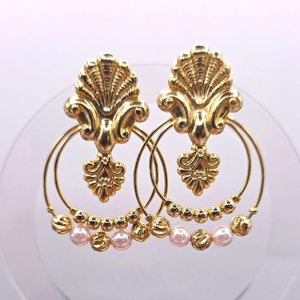 Vintage Victorian Style Goldtone Pink Faux Pearl Earrings